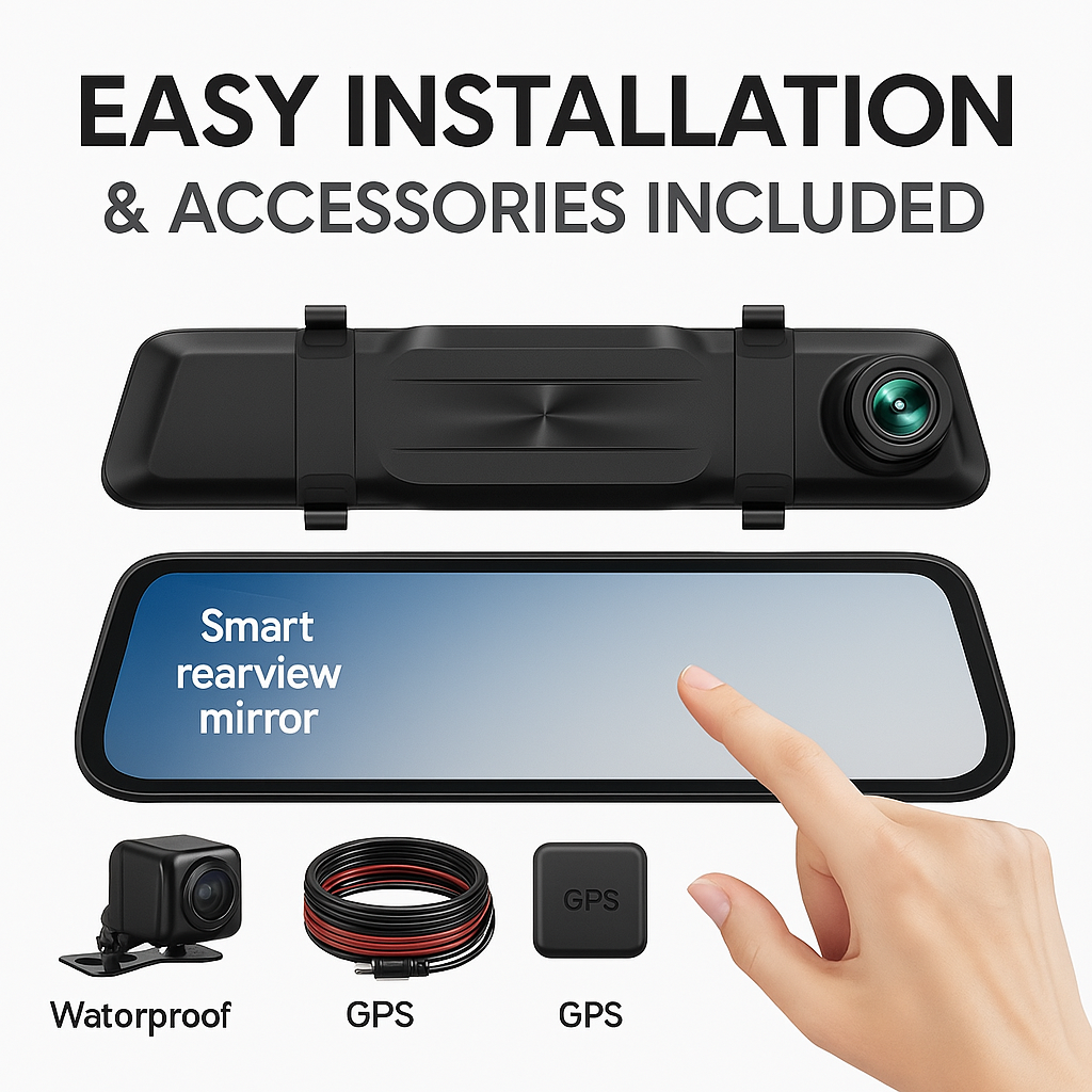 Smart Rearview Mirror with Front & Rear Camera, 2.5K Touchscreen, GPS & 32GB SD Card