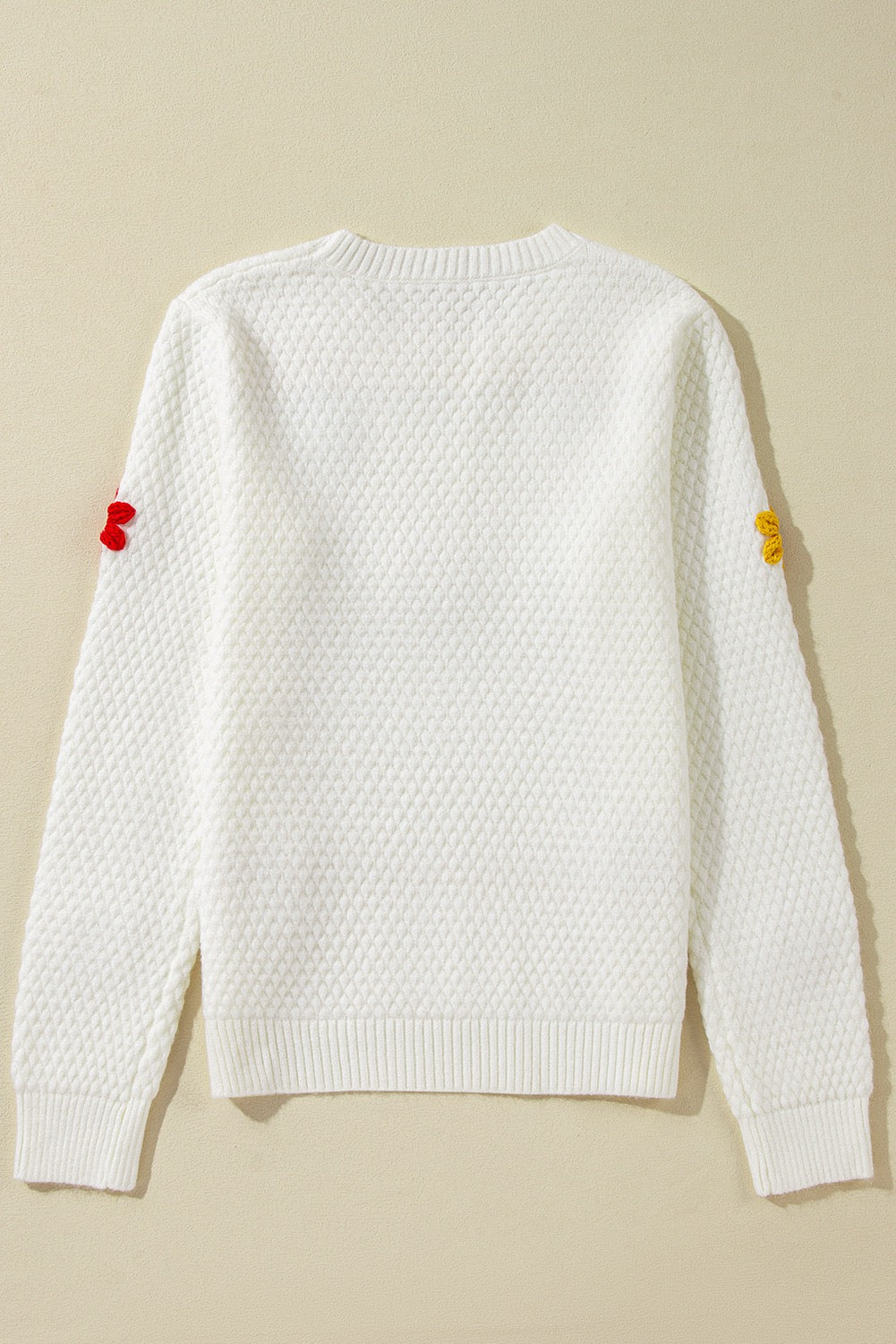 White Colorful Flower Applique Textured Knit Sweater – Playful and Elegant