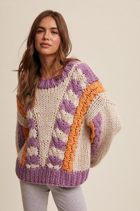 V-striped Chunky Knit Handmade Sweater