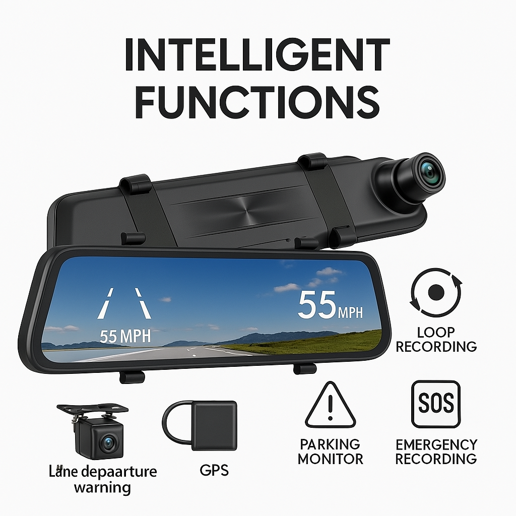 Smart Rearview Mirror with Front & Rear Camera, 2.5K Touchscreen, GPS & 32GB SD Card