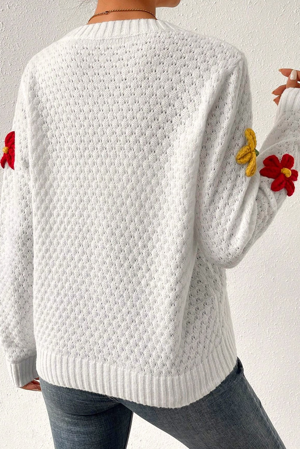 White Colorful Flower Applique Textured Knit Sweater – Playful and Elegant