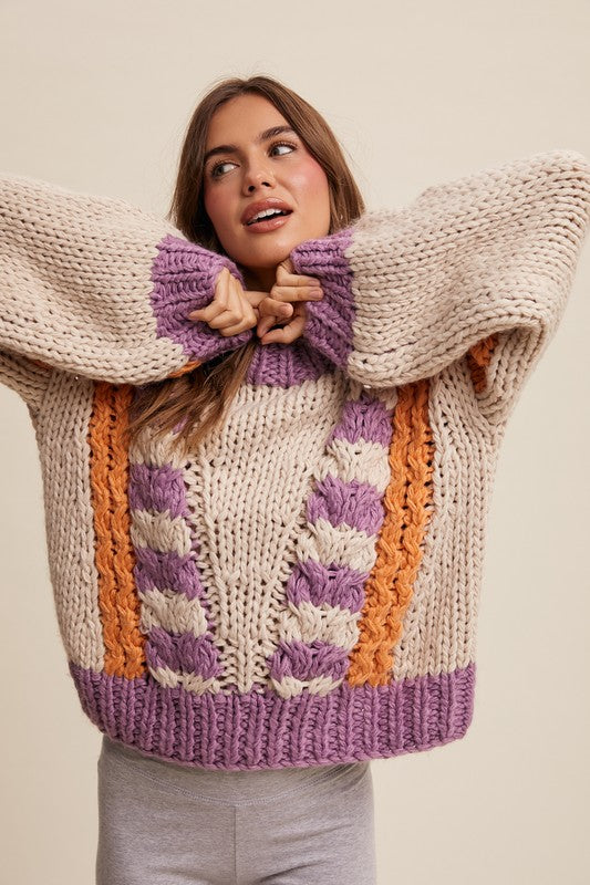 V-striped Chunky Knit Handmade Sweater