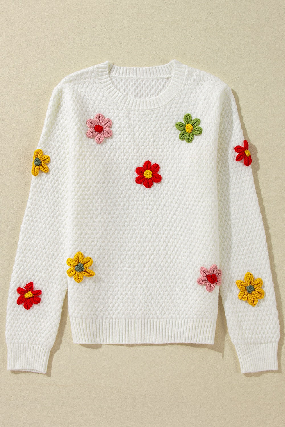 White Colorful Flower Applique Textured Knit Sweater – Playful and Elegant