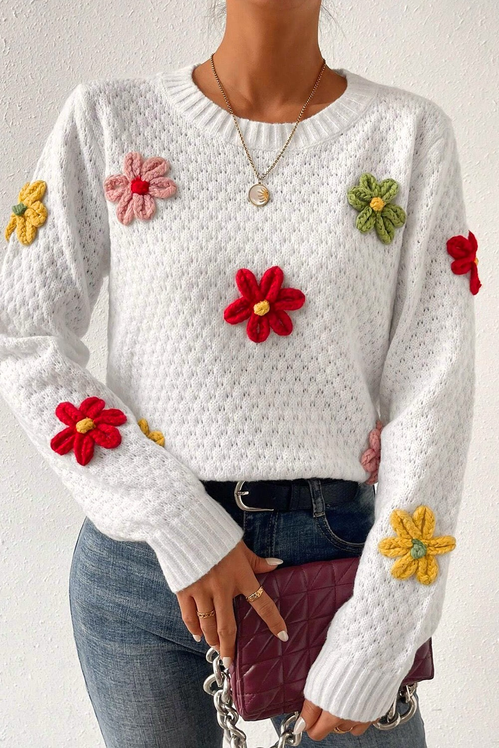 White Colorful Flower Applique Textured Knit Sweater – Playful and Elegant