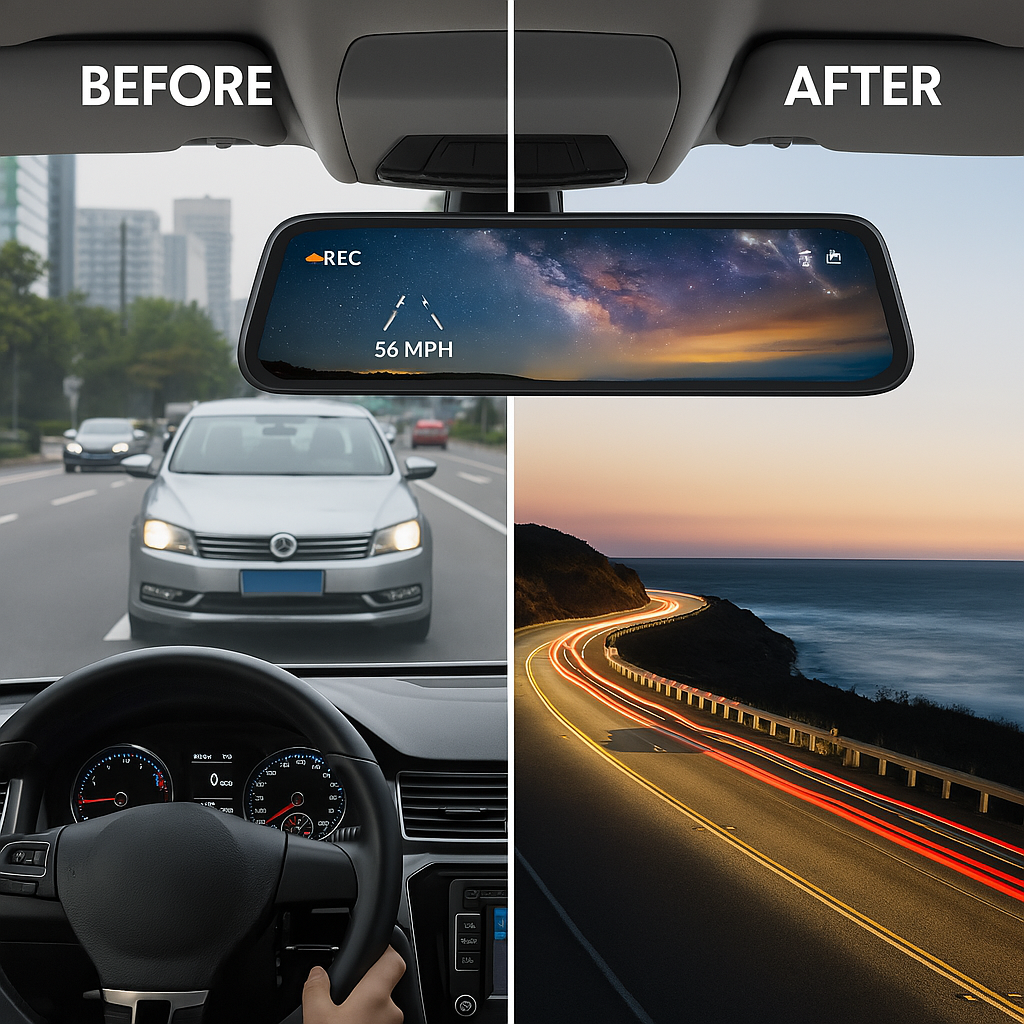 Smart Rearview Mirror with Front & Rear Camera, 2.5K Touchscreen, GPS & 32GB SD Card