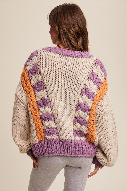 V-striped Chunky Knit Handmade Sweater
