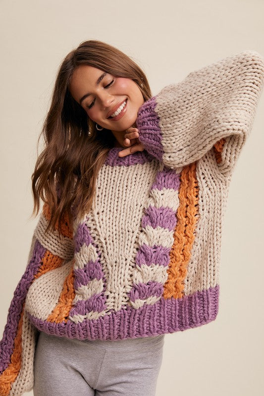 V-striped Chunky Knit Handmade Sweater