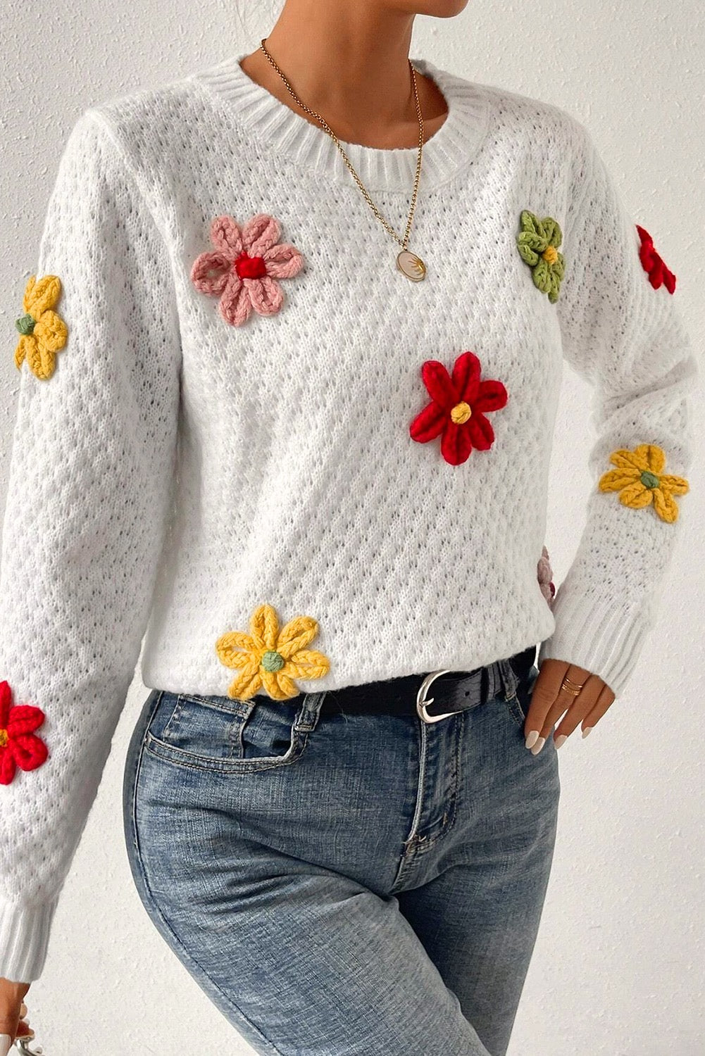 White Colorful Flower Applique Textured Knit Sweater – Playful and Elegant