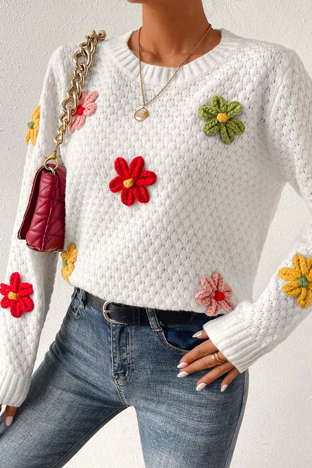 White Colorful Flower Applique Textured Knit Sweater – Playful and Elegant