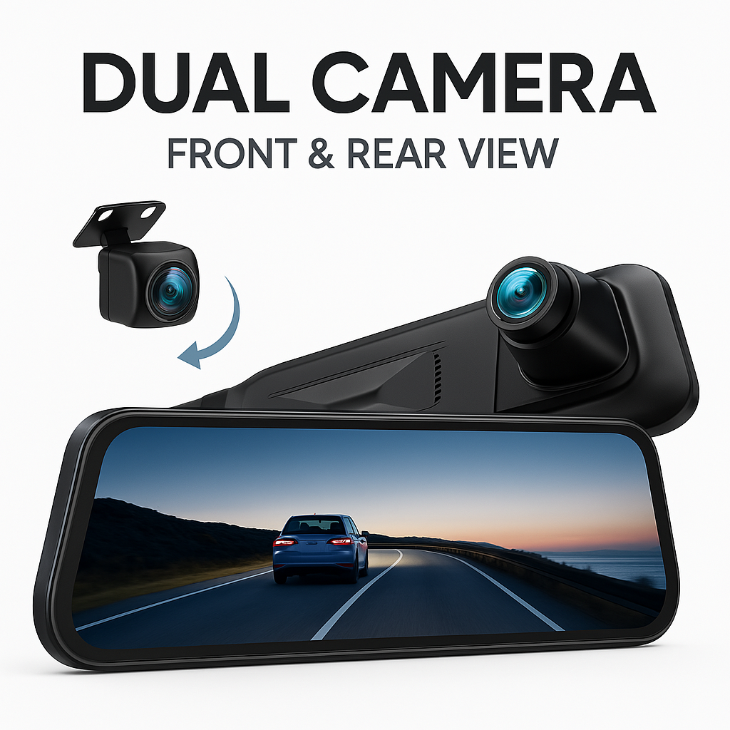 Smart Rearview Mirror with Front & Rear Camera, 2.5K Touchscreen, GPS & 32GB SD Card
