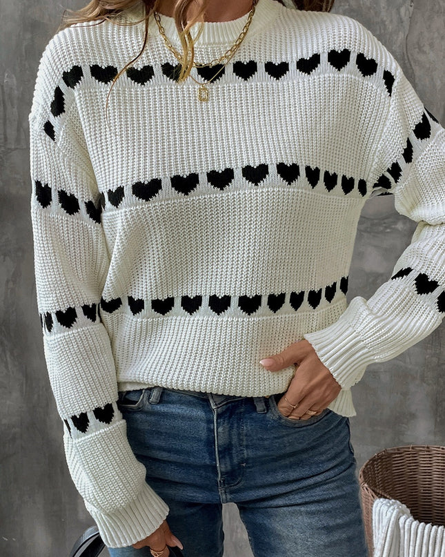 White Contrast Heart Pattern Crew Neck Sweater
