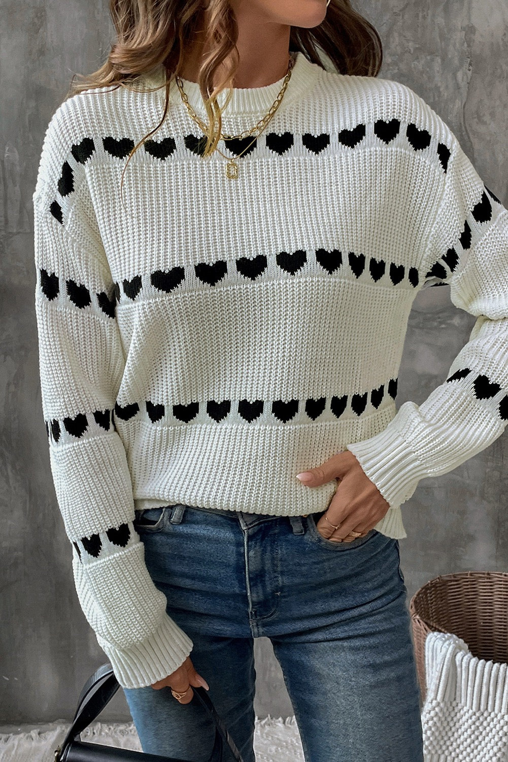 White Contrast Heart Pattern Crew Neck Sweater