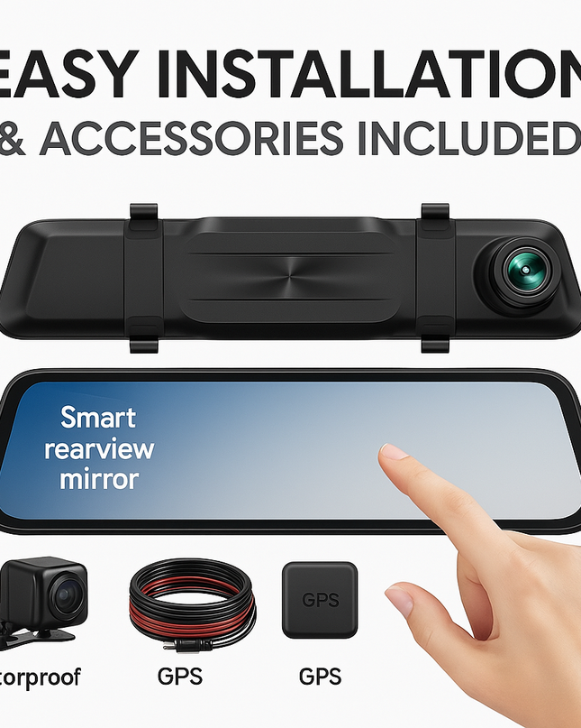 Smart Rearview Mirror with Front & Rear Camera, 2.5K Touchscreen, GPS & 32GB SD Card