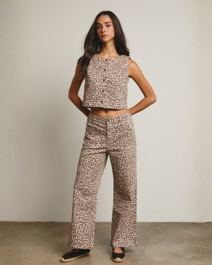 Leopard Print Denim Vest & Wide-Leg Pants Set