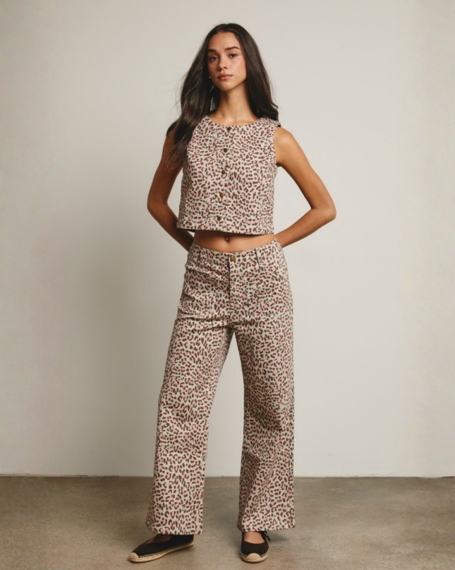 Leopard Print Denim Vest & Wide-Leg Pants Set