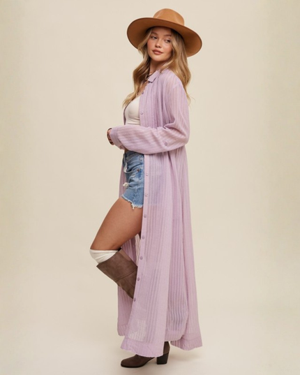 Sheer Striped Maxi Shirt Dress – Boho Layering Duster