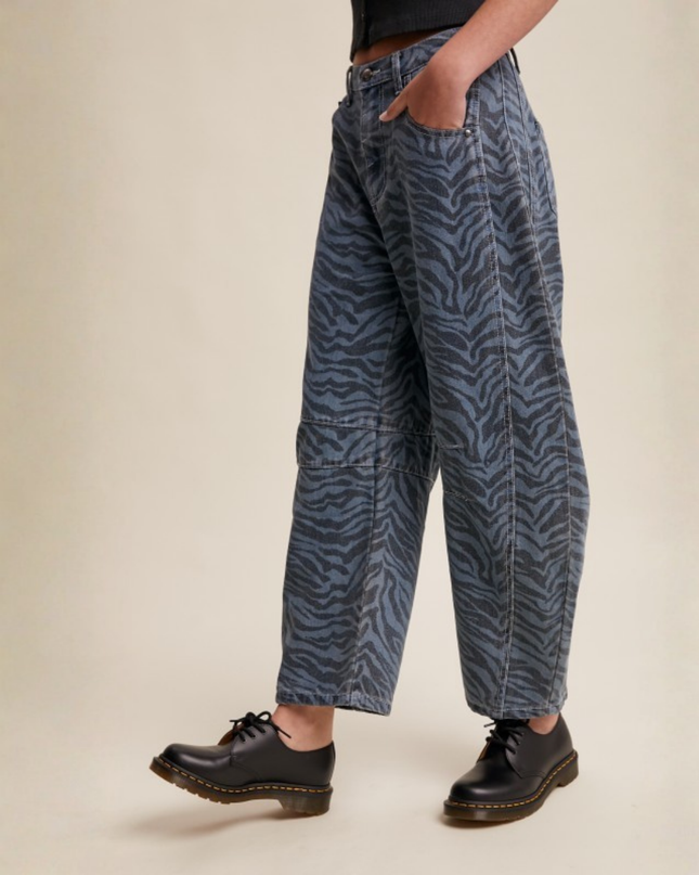 Zebra Print Barrel Jeans – High-Waist Loose Fit Denim