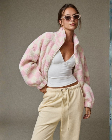 Oversized Checkerboard Sherpa Jacket – Cozy Zip Up Fleece