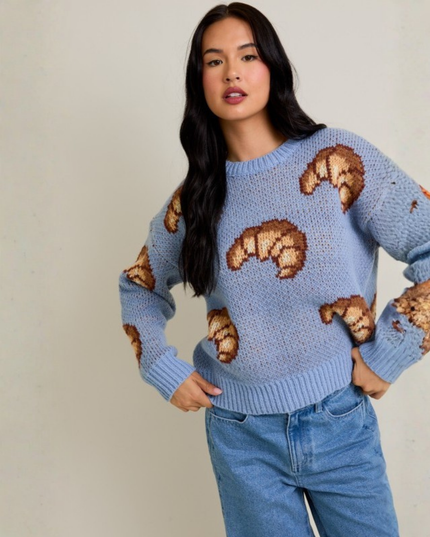 Croissant Retro Graphic Knit Crewneck Sweater