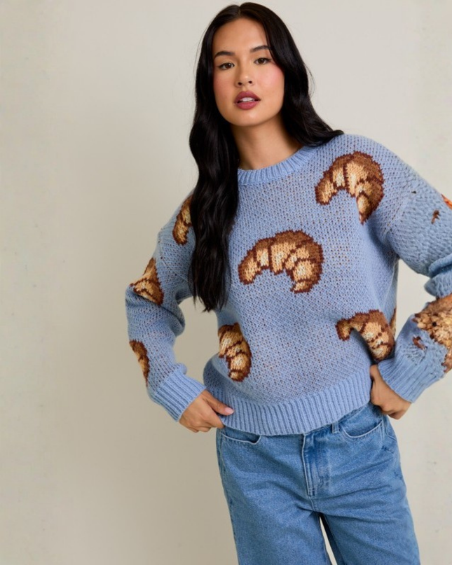 Croissant Retro Graphic Knit Crewneck Sweater