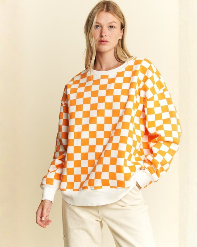 Oversized Checkered Sweatshirt – Geometric Chess Print Crewneck (Orange/White) | Trendy Streetwear Pullovers
