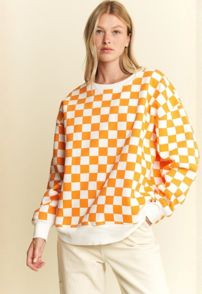 Oversized Checkered Sweatshirt – Geometric Chess Print Crewneck (Orange/White) | Trendy Streetwear Pullovers