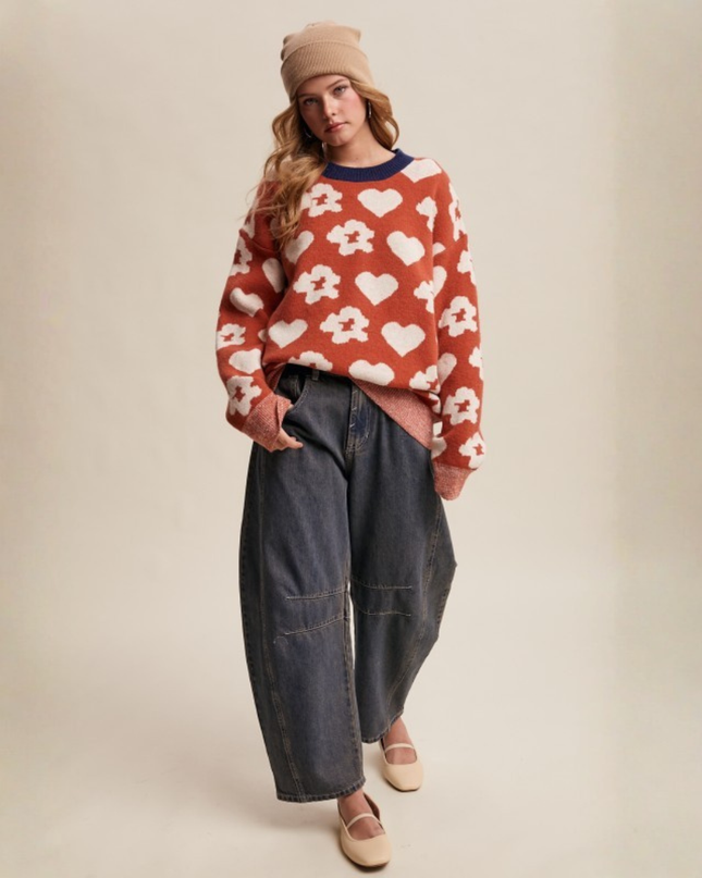 Heart & Flower Jacquard Knit Sweater – Retro Cozy Statement Pullover