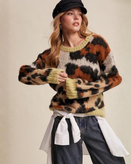 Fuzzy Abstract Leopard Knit Pullover
