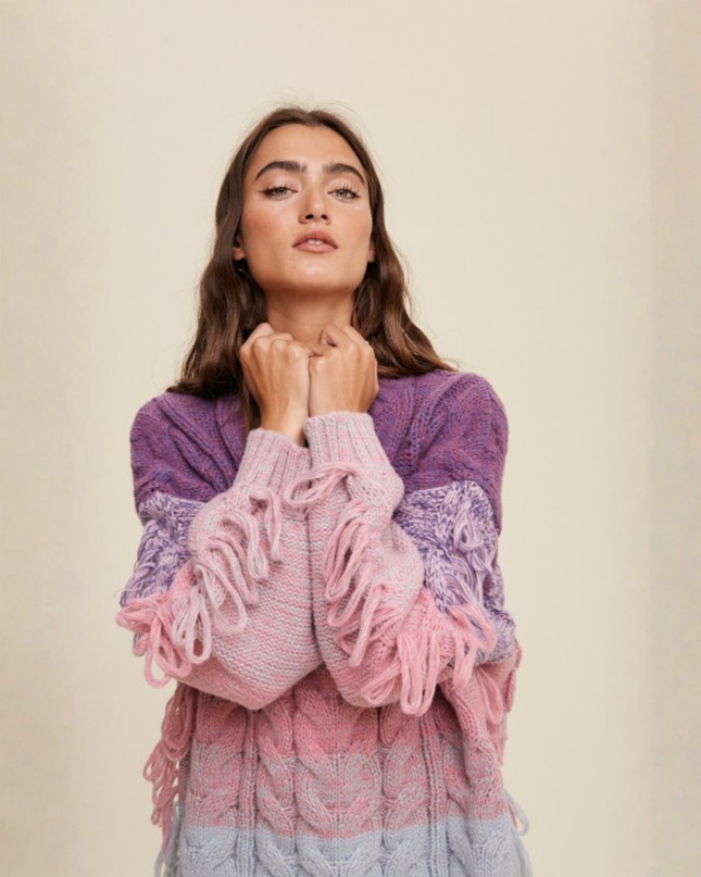 Colorblock Fringe Cable Knit Sweater