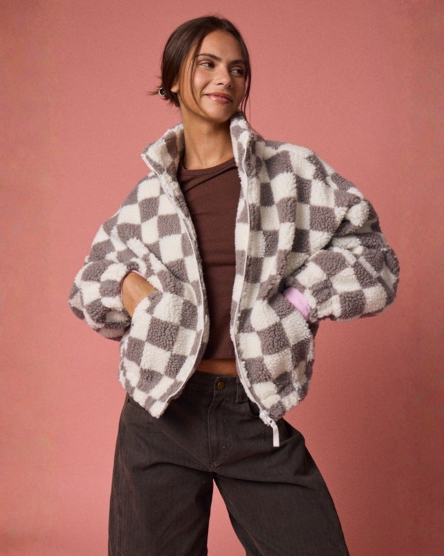 Oversized Checkerboard Sherpa Jacket – Cozy Zip Up Fleece