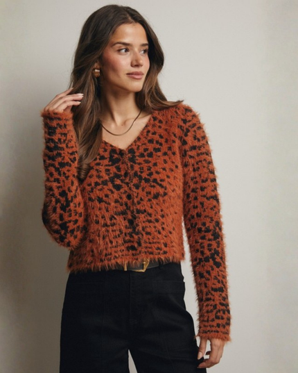 Leopard Print Fuzzy Cropped Cardigan – Button-Up Knit Sweater