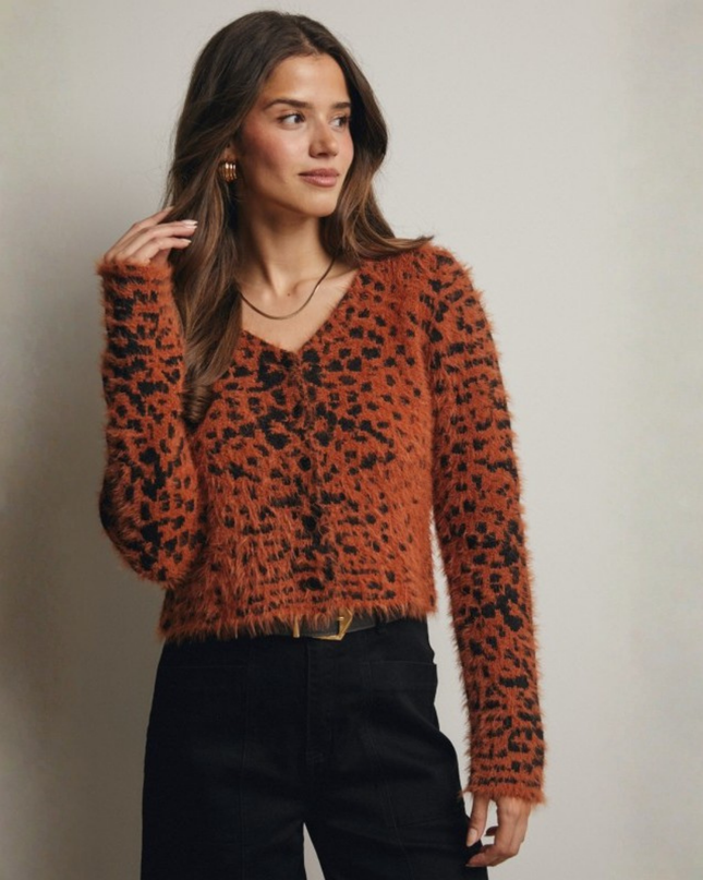 Leopard Print Fuzzy Cropped Cardigan – Button-Up Knit Sweater