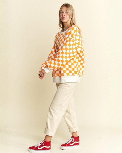 Oversized Checkered Sweatshirt – Geometric Chess Print Crewneck (Orange/White) | Trendy Streetwear Pullovers