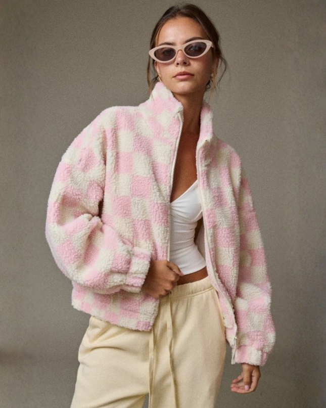 Oversized Checkerboard Sherpa Jacket – Cozy Zip Up Fleece