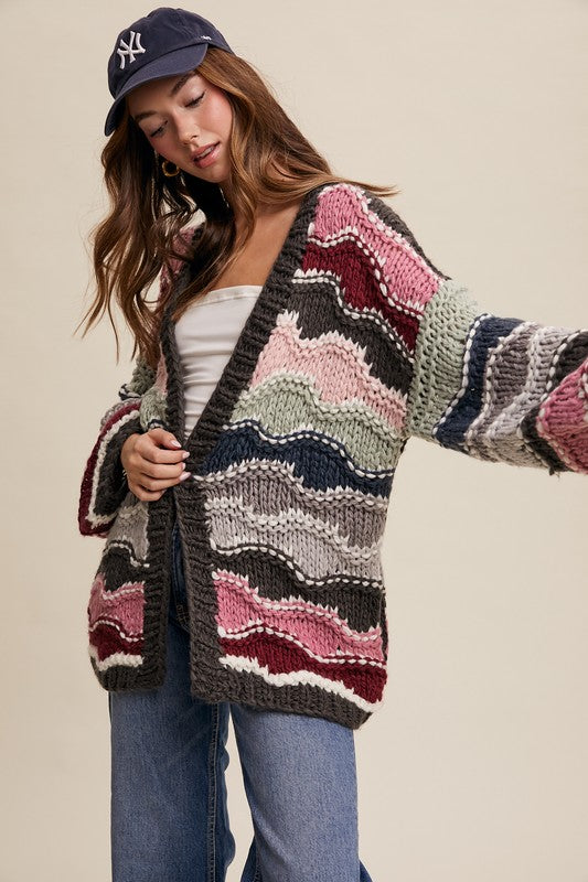 Wavy Colorblock Hand Crochet Knit Cardigan