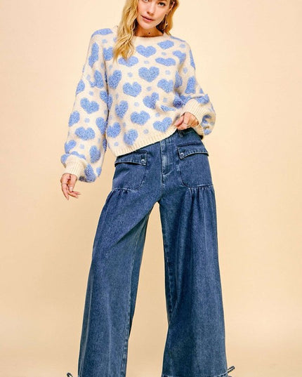 Textured Heart Loose Fit Long Sleeve Knit Sweater