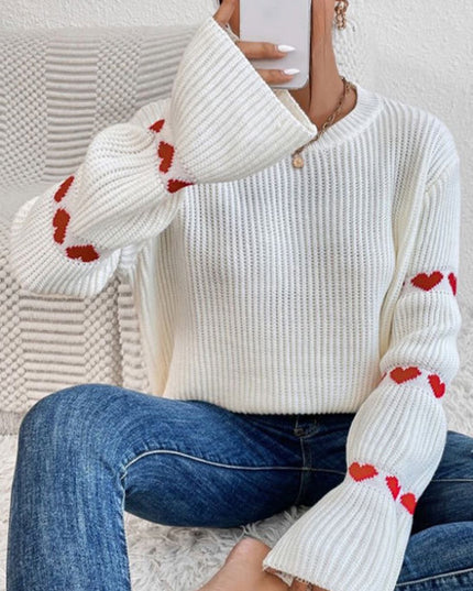 White Heart Shape Bell Sleeve Valentine Sweater – Romantic and Elegant