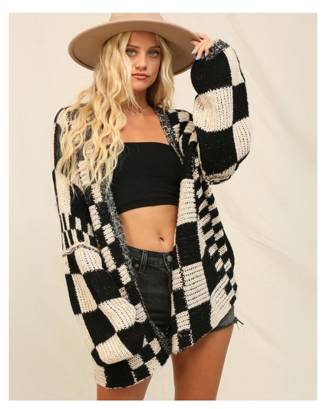Cozy Oversized Checkered Knit Cardigan for Women