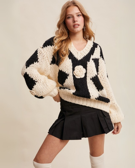 Chunky V-Neck Sweater with 3D Crochet Flower