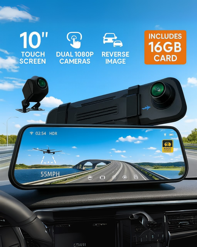 Smart  Mirror with Front & Rear Camera, 2.5K Touchscreen, GPS & 16GB SD Card