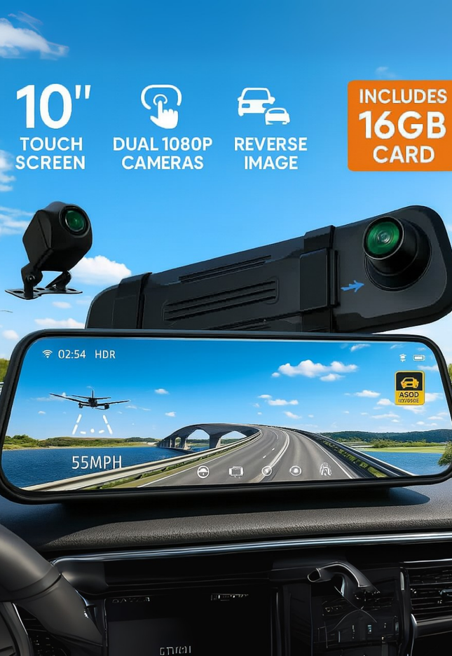 Smart  Mirror with Front & Rear Camera, 2.5K Touchscreen, GPS & 16GB SD Card