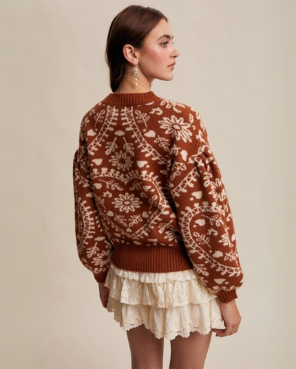 Heart & Floral Jacquard Relaxed Crew Neck Sweater