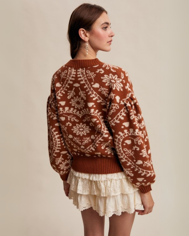 Heart & Floral Jacquard Relaxed Crew Neck Sweater