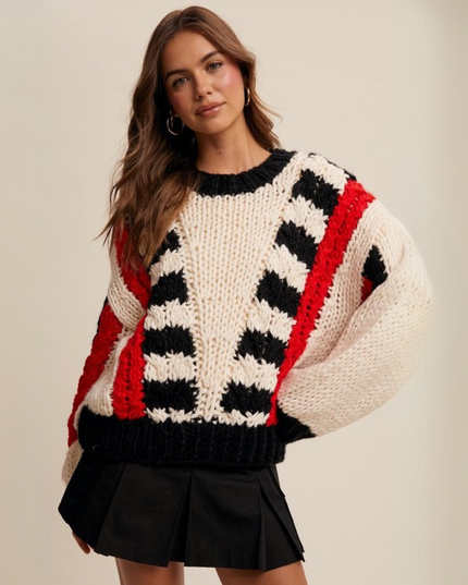 V-striped Chunky Knit Handmade Sweater