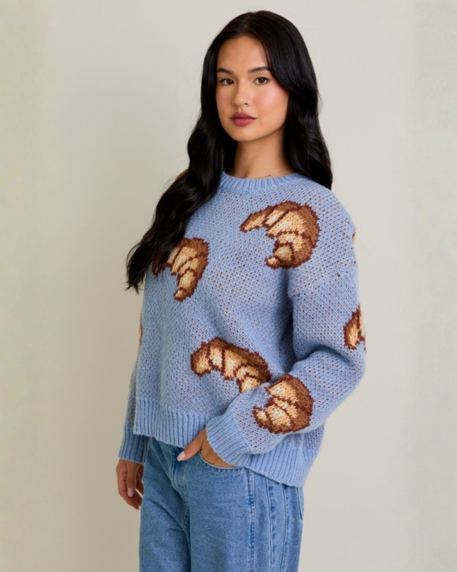 Croissant Retro Graphic Knit Crewneck Sweater