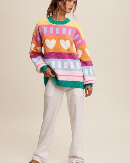 Multicolor Heart-Patterned Sweater – Cozy and Stylish Winter Fashion
