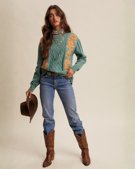 Floral Cable Knit Sweater – Sage Green Retro Cozy Pullover