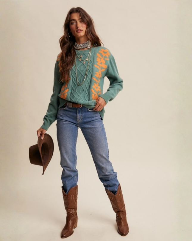Floral Cable Knit Sweater – Sage Green Retro Cozy Pullover