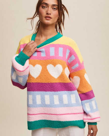 Multicolor Heart-Patterned Sweater – Cozy and Stylish Winter Fashion
