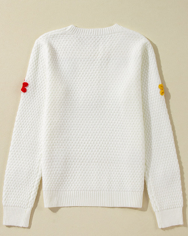 White Colorful Flower Applique Textured Knit Sweater – Playful and Elegant